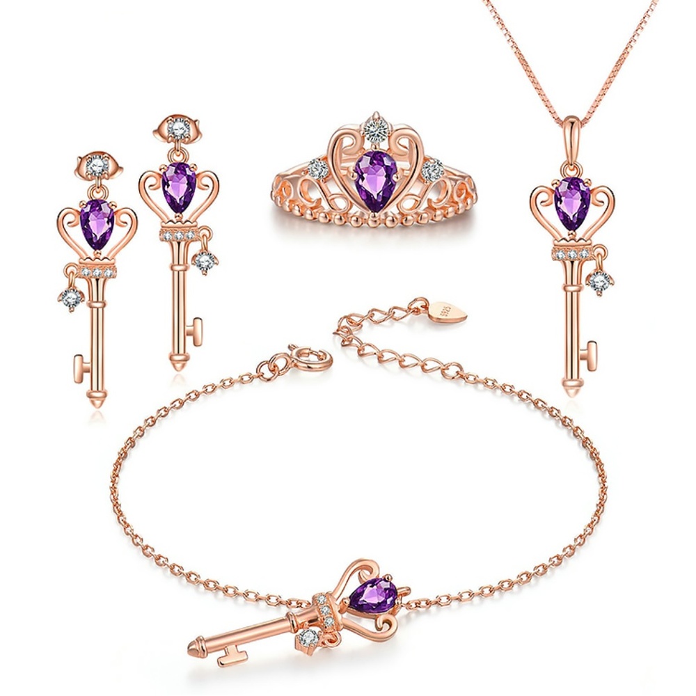 925 Sterling Silver Amethyst Gold Heart Key SET